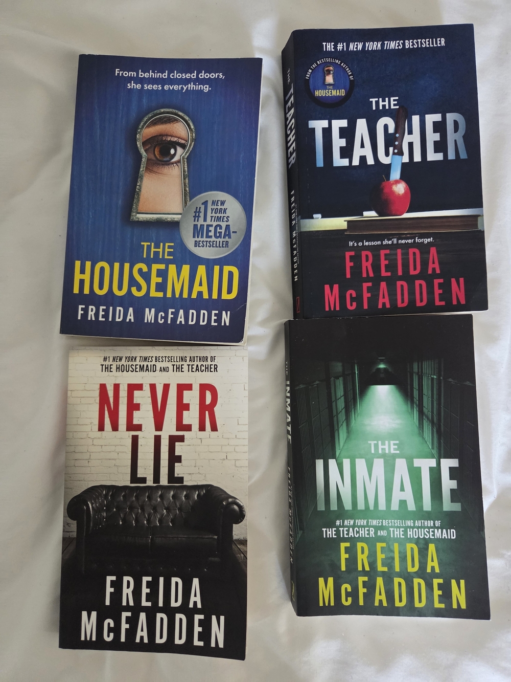 Set of 4 Freida McFadden Thriller Paperbacks - Blue, Black, White, Green Covers